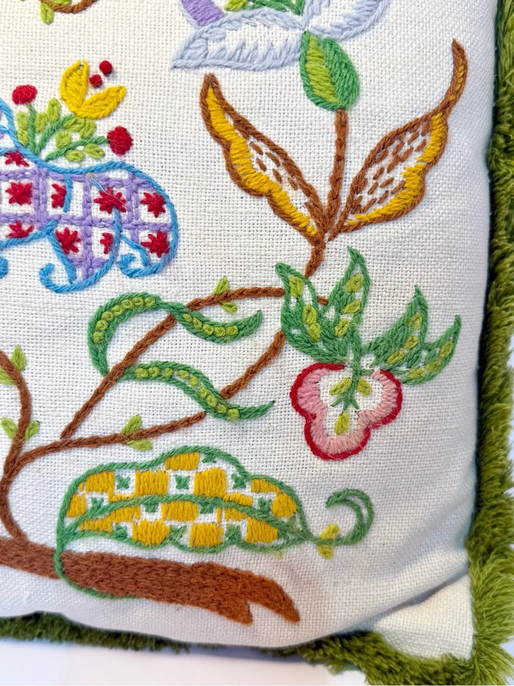 Crewel Embroidered Floral Throw Pillow Avocado Green Fringe Boho 70’s